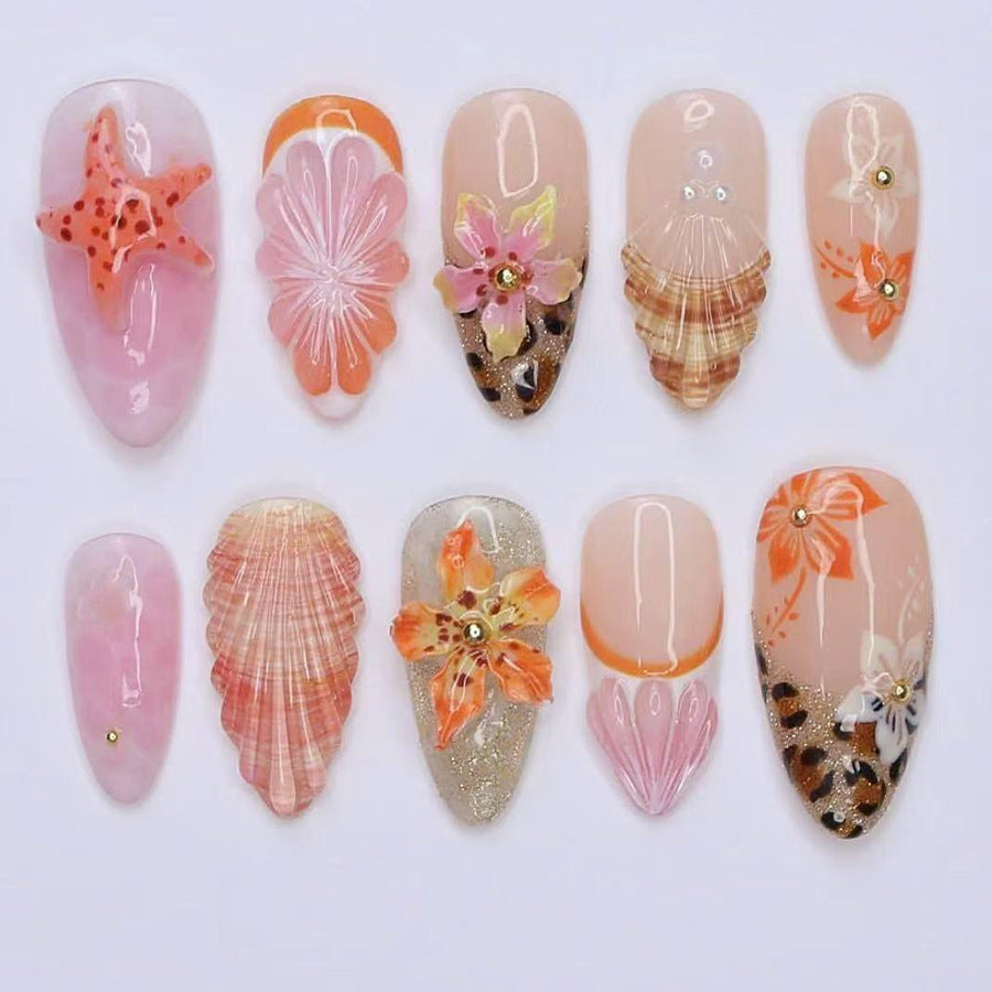 Beach Bliss Long Almond Pink and Coral Floral Embellished Press on Nail Set