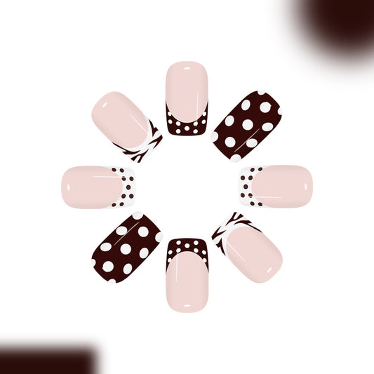 Vintage Charm Medium Square Blush and Chocolate Polka Dot Press On Nail Set