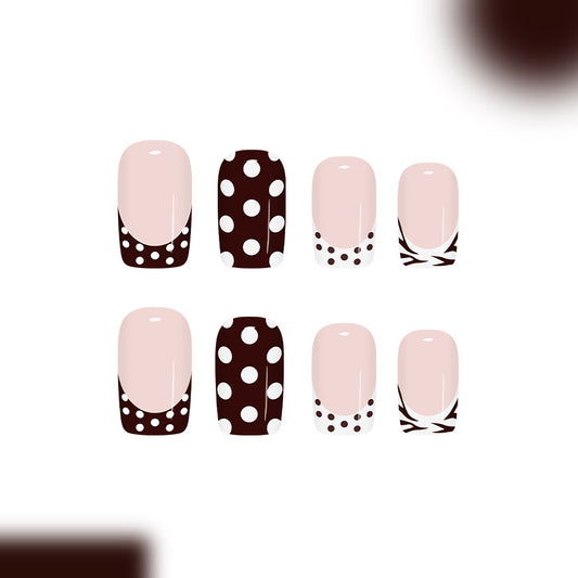 Chic Coffee Vibes Medium Square Brown with White Polka Dots and Elegant French Tips Press On Nail Set
