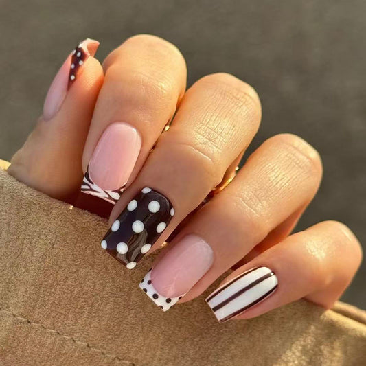 Chic Chocolate Delight Medium Square Press On Nail Set in Pink and Brown with Whimsical Patterns