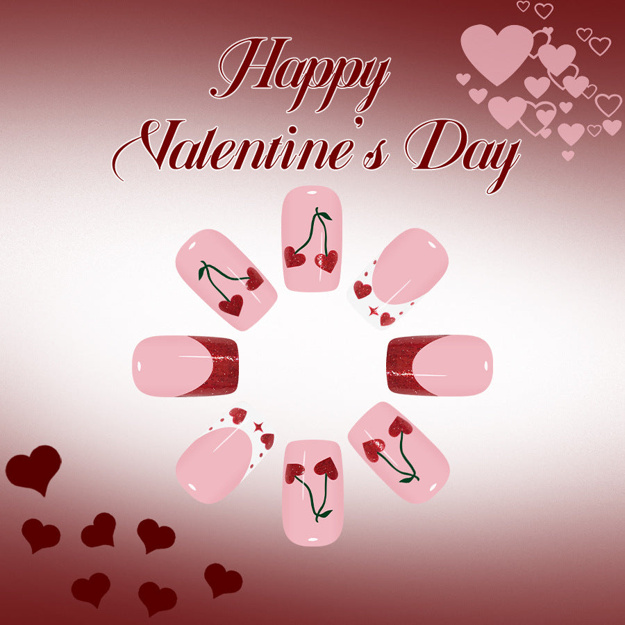 Cherry Blossom Romance Elegant Medium Square Pink Gel Nails with Dazzling Heart Designs