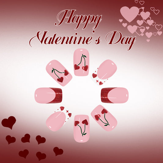 Cherry Blossom Romance Elegant Medium Square Pink Gel Nails with Dazzling Heart Designs