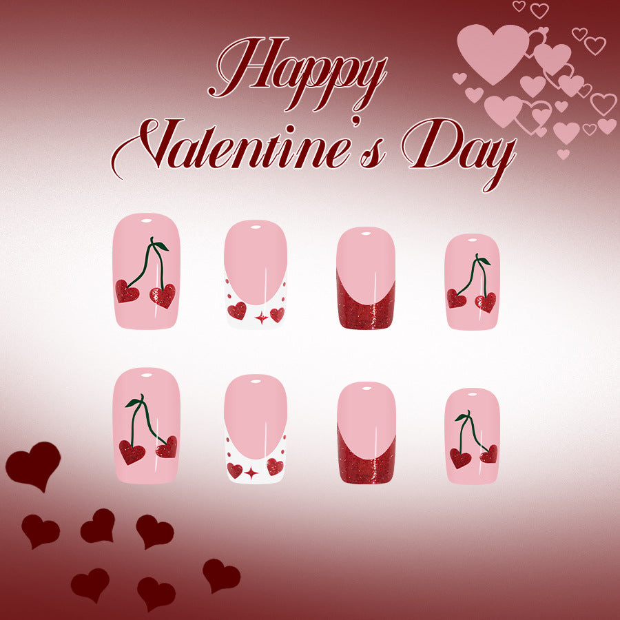 Romantic Cherry Blossom Medium Square Pink Nail Set with Heart and Glitter Accents