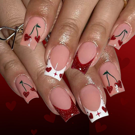 Cherry Blossom Charm Medium Square Pink and White with Sparkling Heart Accents Press on Nail Set