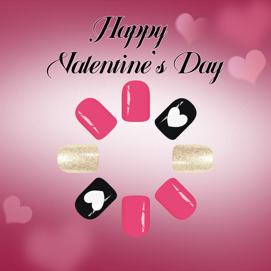 Romantic Heartfelt Short Square Glossy Pink and Black Almond Colored Press On Nail Set with Shimmering Gold Accent