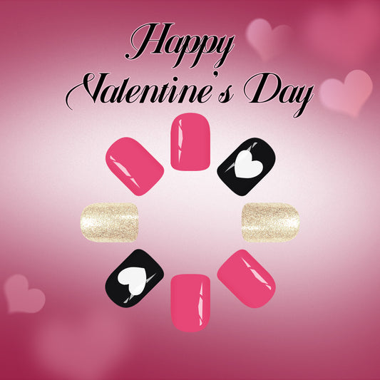 Romantic Heartfelt Short Square Glossy Pink and Black Almond Colored Press On Nail Set with Shimmering Gold Accent