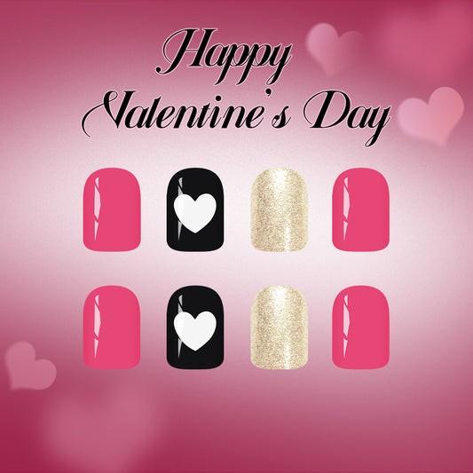 Romantic Elegance Short Square Pink Black and Gold Glitter with Heart Design Press On Nail Set