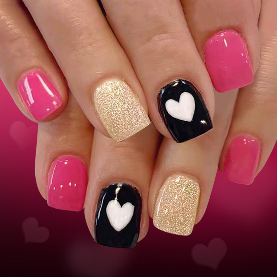 Romantic Vibes Short Square Pink Black and Gold Glitter Press on Nail Set with Heart Accents