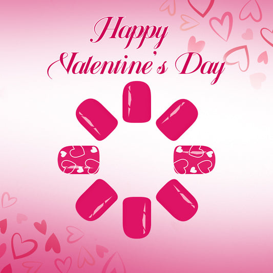 Valentine's Day Delight Short Square Hot Pink with Love Heart Designs Press on Nail Set