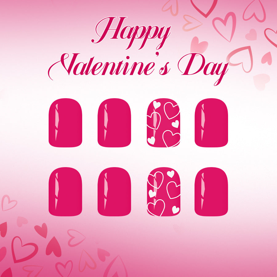 Romantic Vibes Short Square Bright Pink with Charming Heart Patterns Press-on Nail Set