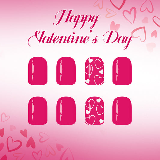 Romantic Vibes Short Square Bright Pink with Charming Heart Patterns Press-on Nail Set