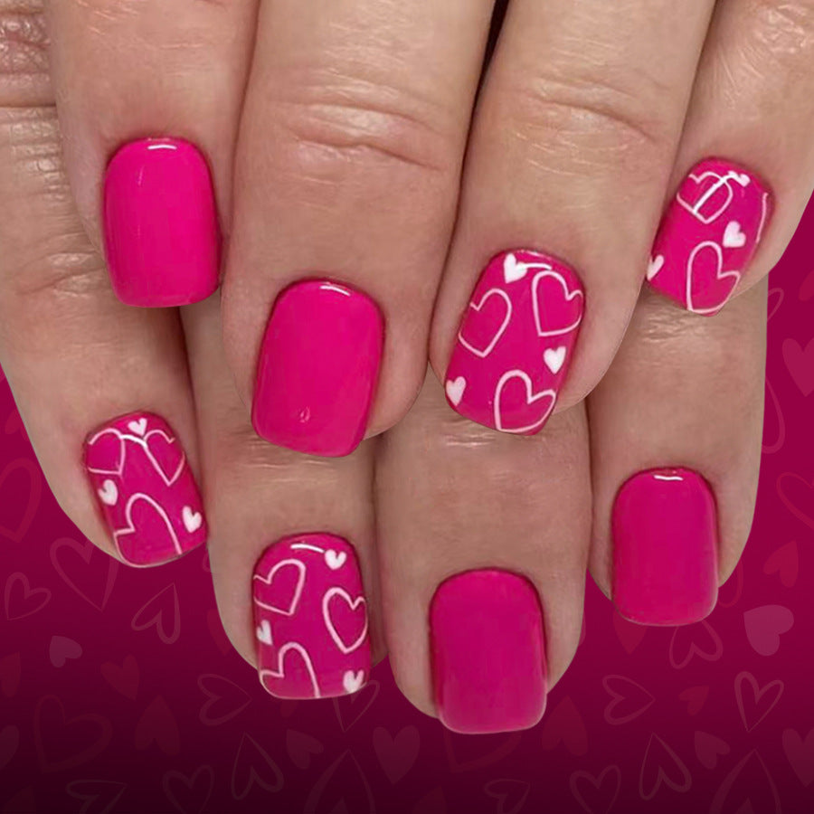 Romantic Heartthrob Pink Short Square Press-On Nail Set with Whimsical Heart Patterns