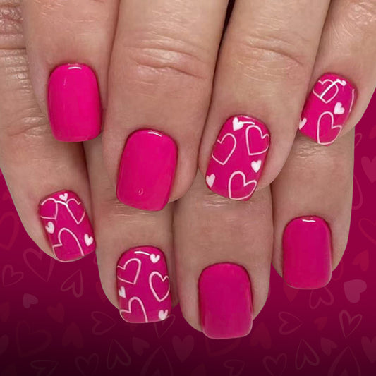 Romantic Heartthrob Pink Short Square Press-On Nail Set with Whimsical Heart Patterns