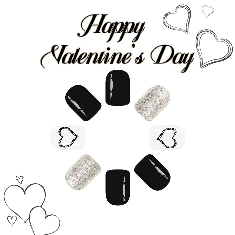 Elegant Romance Glossy Short Square Black and Glitter Press-On Nail Set with Heart Designs