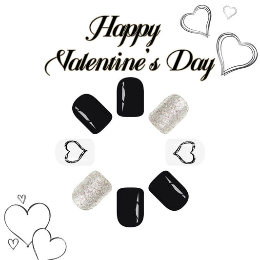 Elegant Romance Glossy Short Square Black and Glitter Press-On Nail Set with Heart Designs