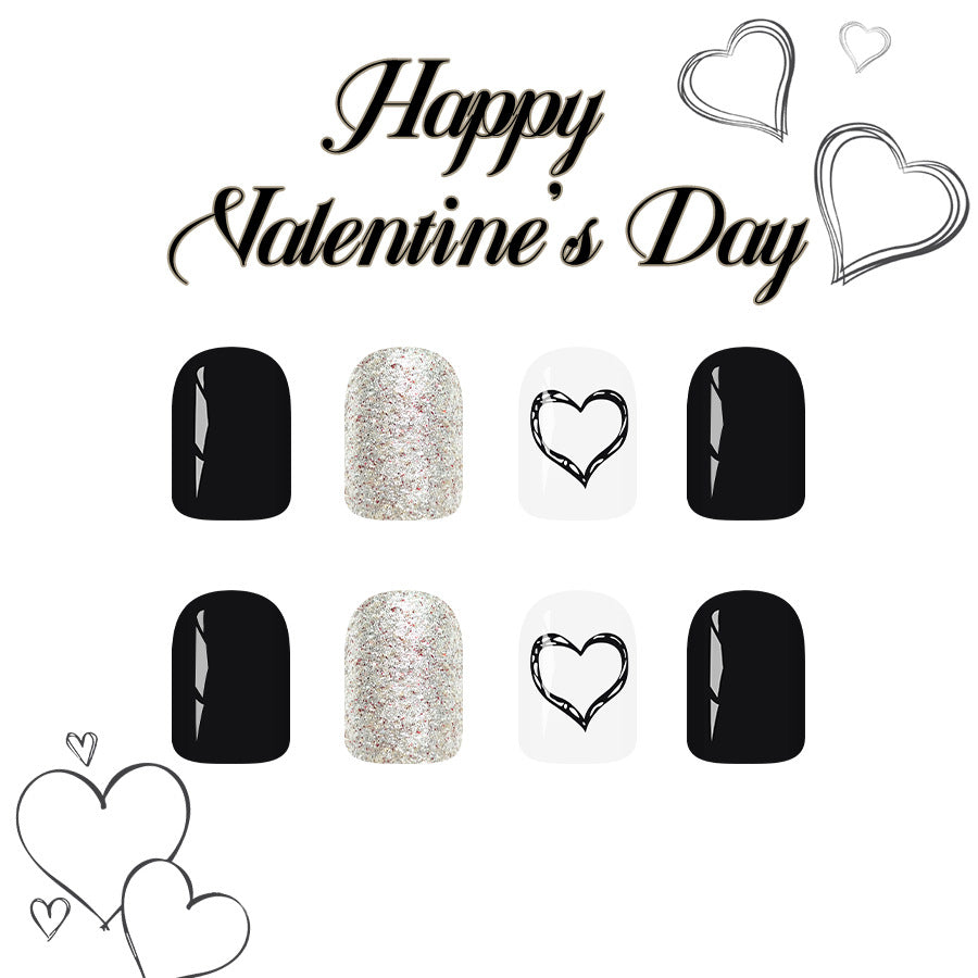 Valentine's Day Glamorous Short Square Black White and Glittery Heart Design Press On Nail Set