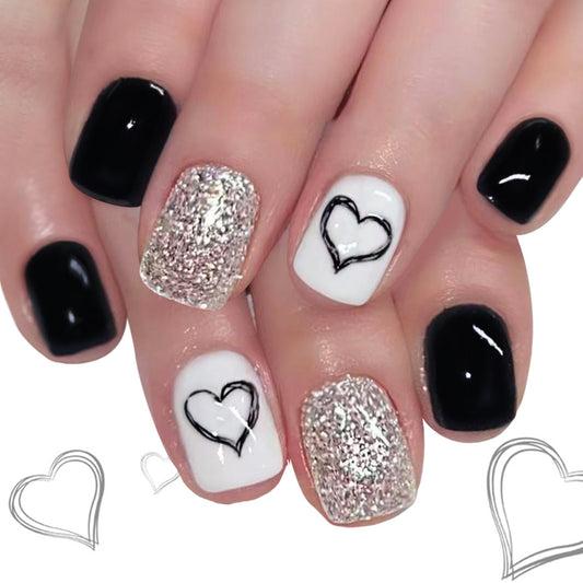 Romantic Glamour Glossy Short Square Black and White with Heart and Glitter Design Press On Nail Set