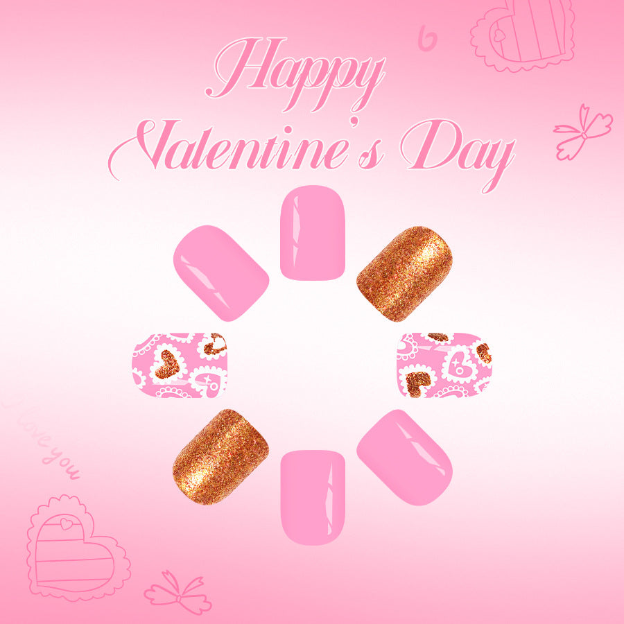 Romantic Love Theme Short Square Soft Pink and Shimmering Gold with Heart Pattern Press on Nail Set