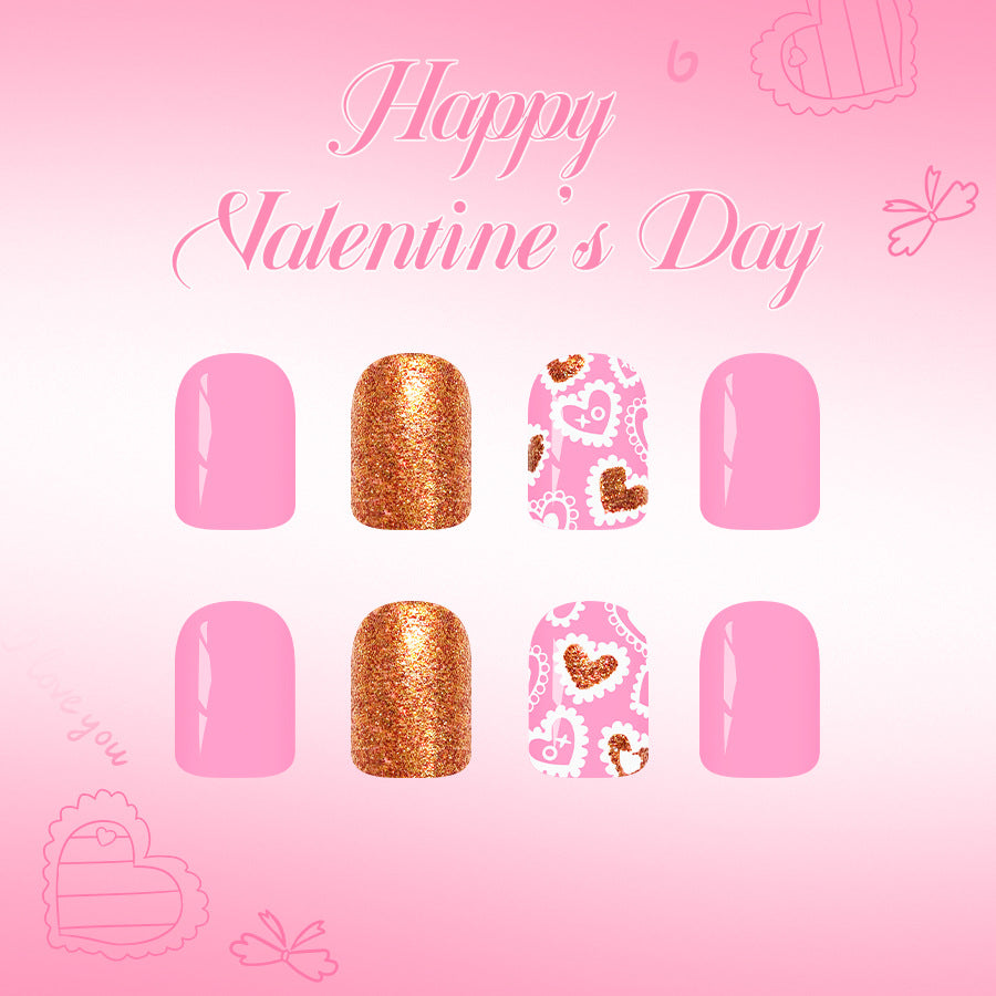 Valentine's Day Sparkle Press-On Nail Set in Short Square Pink Gold Glitter and Heart Pattern