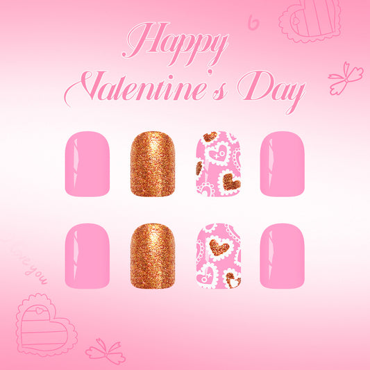 Valentine's Day Sparkle Press-On Nail Set in Short Square Pink Gold Glitter and Heart Pattern