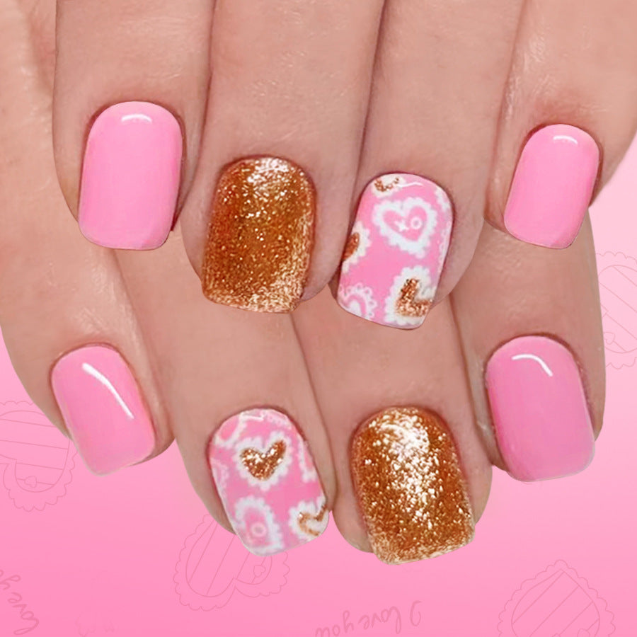Sweetheart Delight Press-On Nail Set in Short Square Shape Pink and Gold with Heart Print Design