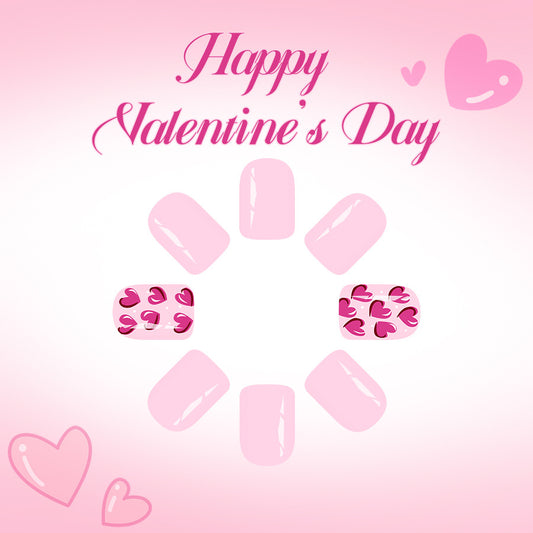 Romantic Heartfelt Pink Short Square Nail Set with Adorable Love Patterns