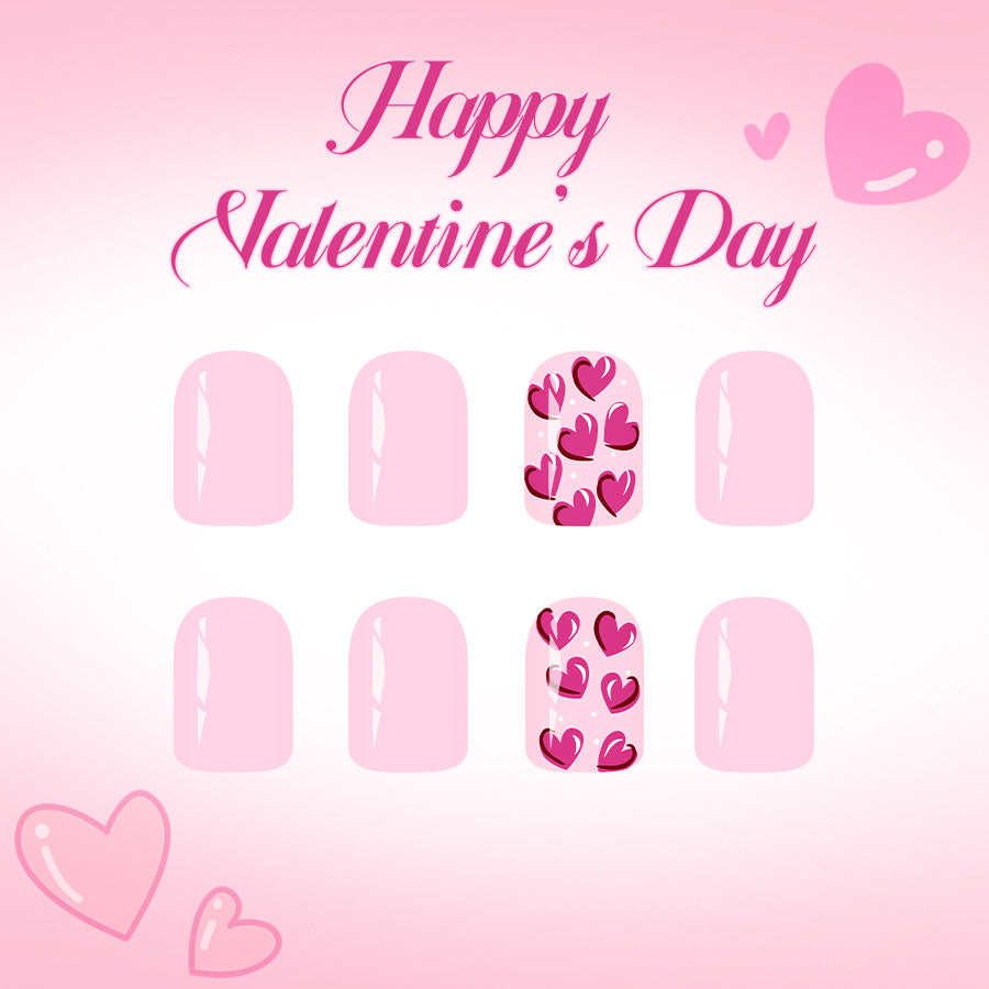 Romantic Bliss Press On Nail Set Short Square Soft Pink with Heart Pattern Design