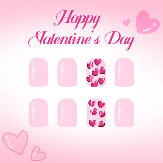 Romantic Bliss Press On Nail Set Short Square Soft Pink with Heart Pattern Design