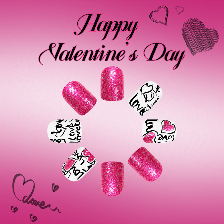 Romantic Glamour Sparkling Short Square Pink with Love Design Press-On Nail Set