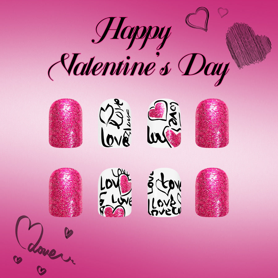 Romantic Sparkle Press On Nail Set Short Square Pink Glitter with Love Text Design