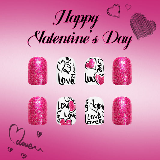 Romantic Sparkle Press On Nail Set Short Square Pink Glitter with Love Text Design