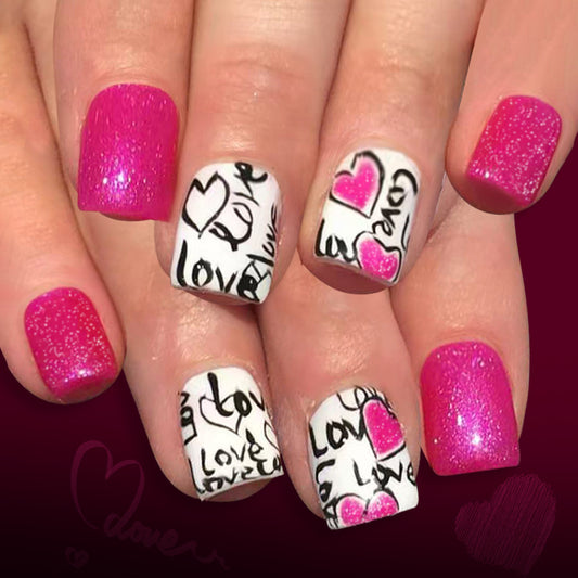 Love Inspired Short Square Pink and White Press on Nail Set with Glittery Heart Designs