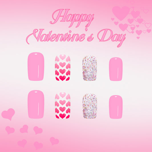 Romantic Valentine Pink Long Square Lovely Hearts Glitter Press-On Nail Set