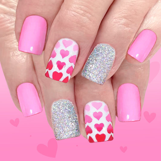 Love Inspired Medium Square Pink Glitter Heart Press On Nail Set