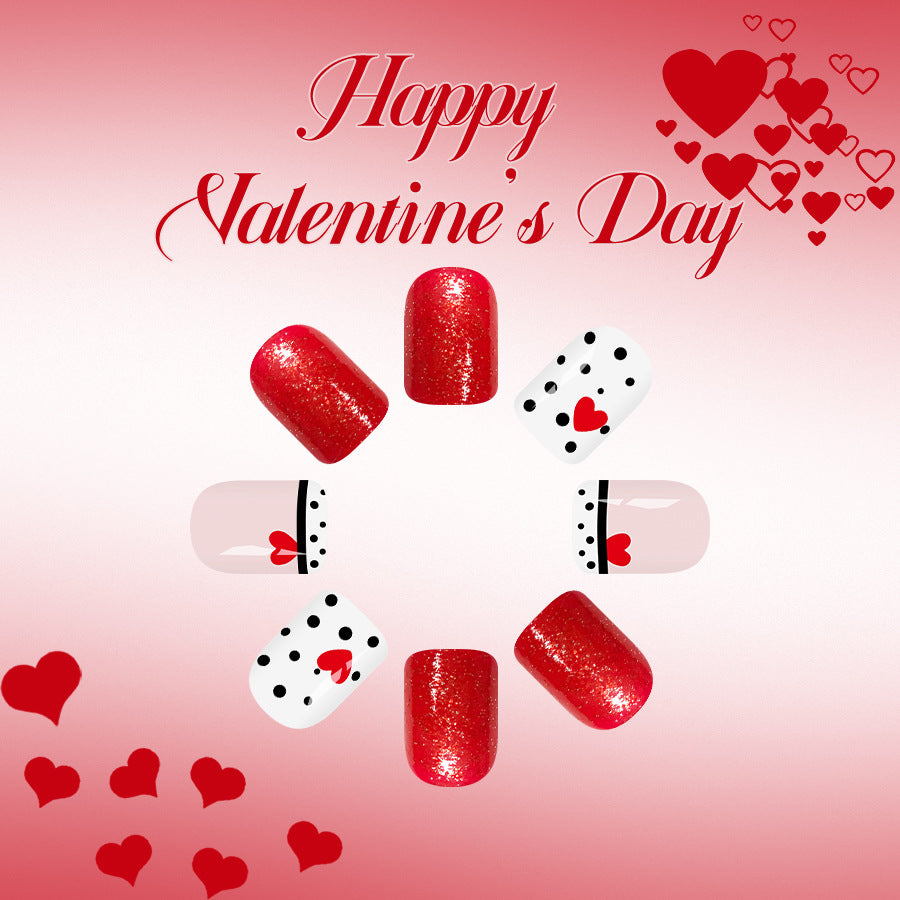 Love Inspired Glittering Short Square Red and White Heart Design Press On Nail Set