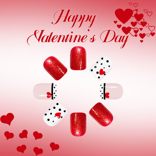 Love Inspired Glittering Short Square Red and White Heart Design Press On Nail Set