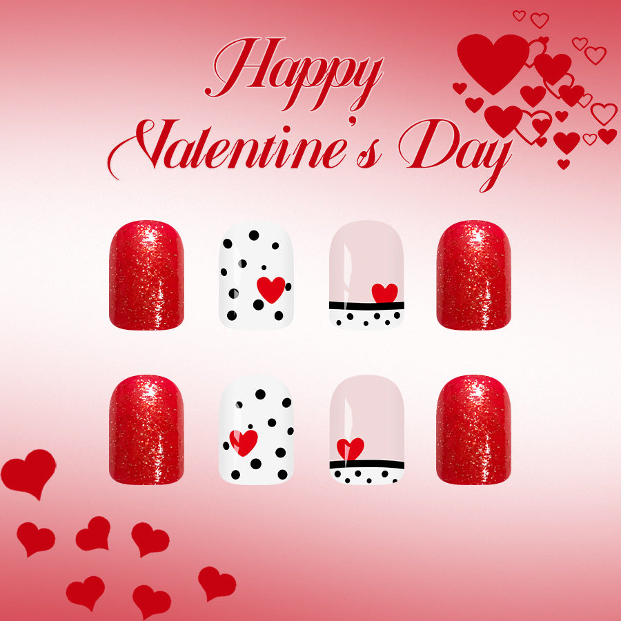Romantic Valentine Short Square Red Glitter Press-On Nail Set Featuring Cute Polka Dots and Heart Designs