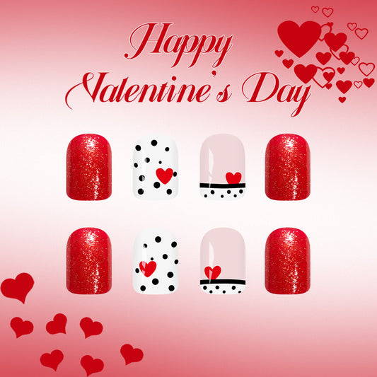 Romantic Valentine Short Square Red Glitter Press-On Nail Set Featuring Cute Polka Dots and Heart Designs