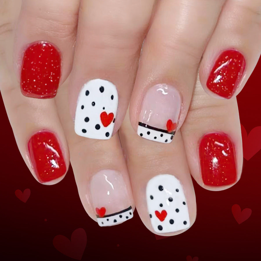 Romantic Hearts Theme Short Square Red and White Speckled with Glittery Finish Nail Set