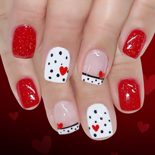 Romantic Hearts Theme Short Square Red and White Speckled with Glittery Finish Nail Set