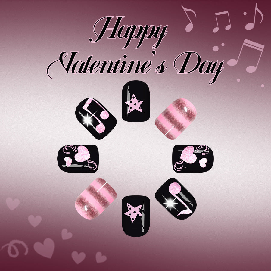 Charming Melody Short Square Black and Pink Glitter Press-On Nail Set with Unique Musical Theme
