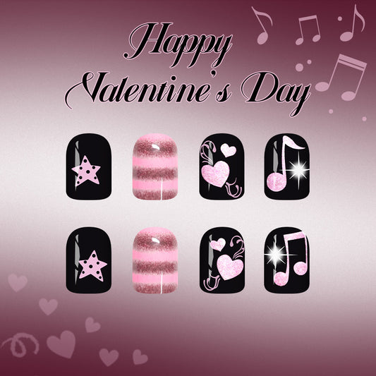 Melodic Romance Press-On Nail Set Short Square Black and Pink with Glittering Heart and Star Designs
