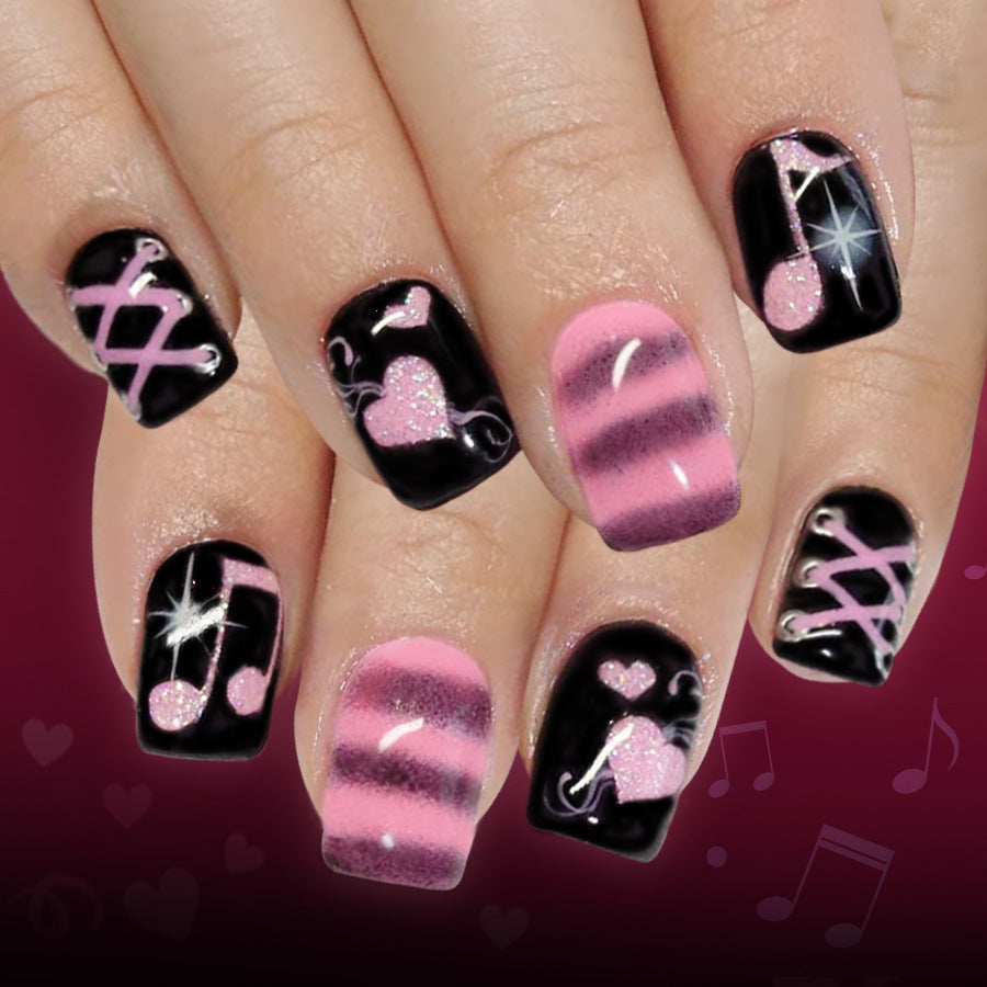 Melodic Elegance Short Square Pink and Black Gradient Press On Nail Set with Heart and Music Note Designs
