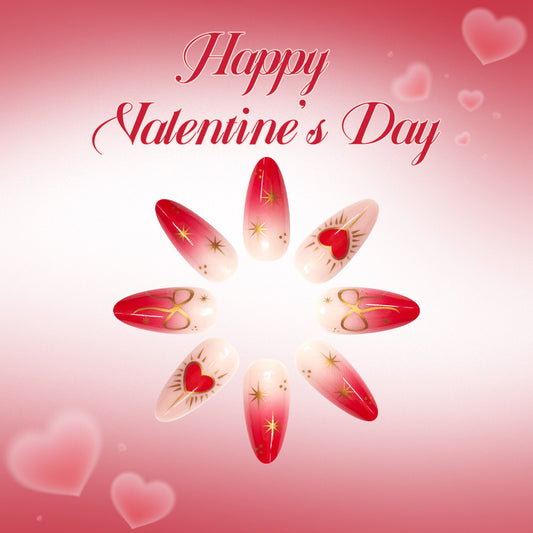 Romantic Love Blossom Long Almond Red and Pink Gradient with Heart and Star Designs Press On Nail Set