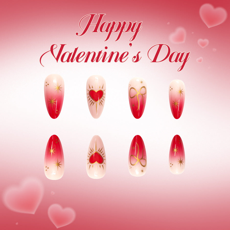 Romantic Heartfelt Long Almond Red and Pink Ombre with Glitter Accents Press-On Nail Set