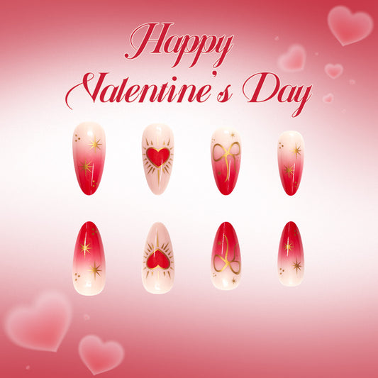 Romantic Heartfelt Long Almond Red and Pink Ombre with Glitter Accents Press-On Nail Set
