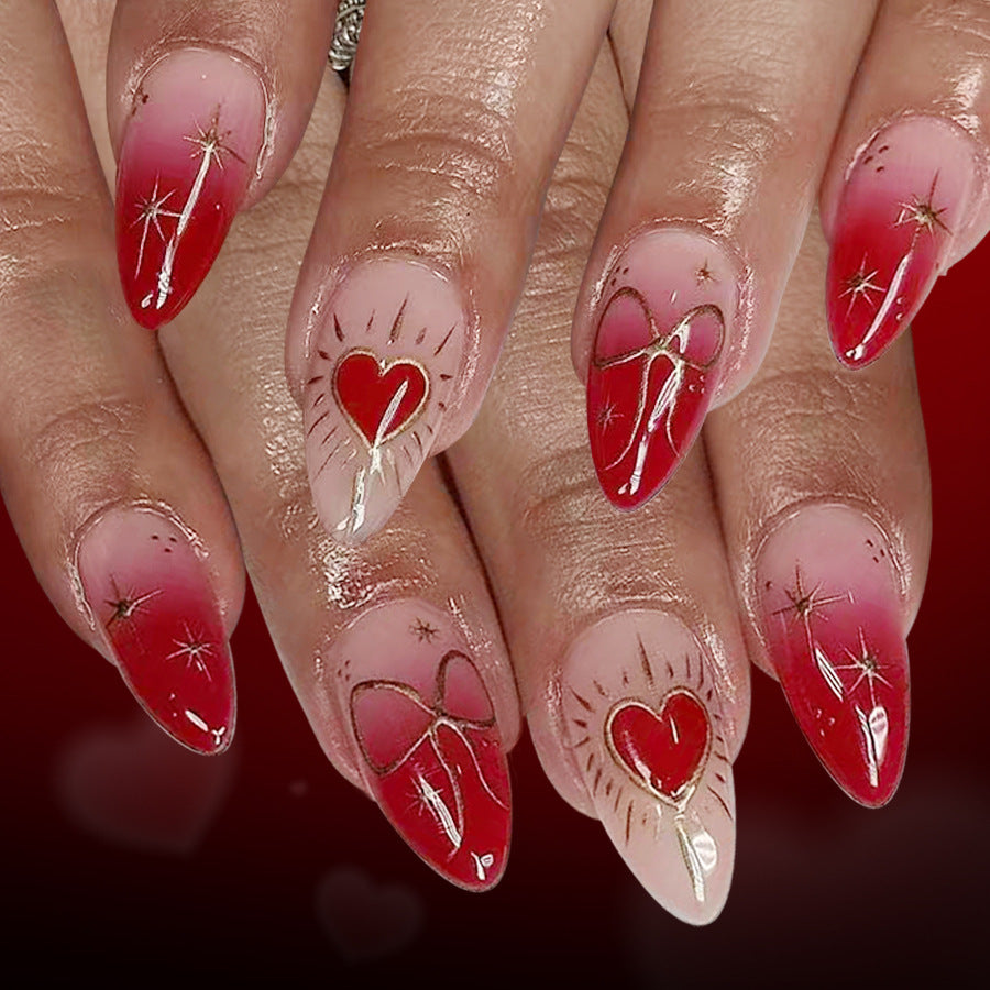 Romantic Elegance Long Almond Ombre Red with Heart Accents Press On Nail Set
