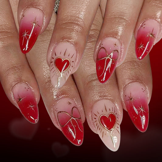 Romantic Elegance Long Almond Ombre Red with Heart Accents Press On Nail Set