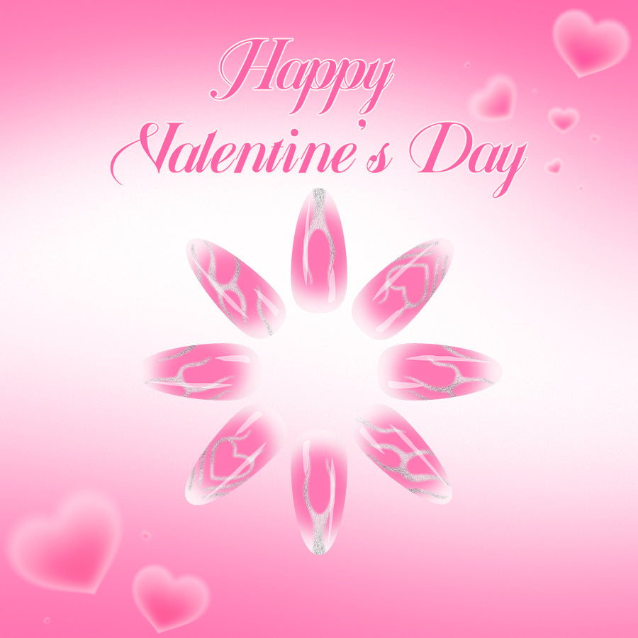 Valentine's Delight Long Almond Pink with Heart-Shaped Sparkle Design Press-On Nail Set