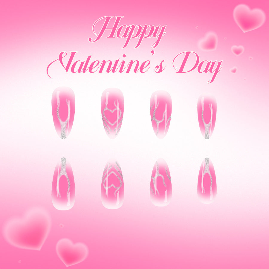 Romantic Heartfelt Pink Long Almond Press On Nail Set with Sparkling Silver Accents